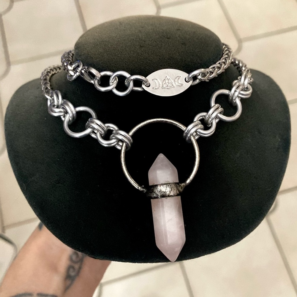 Handmade pink quartz stone maille stainless steel necklace choker boho goth - Picture 9 of 15